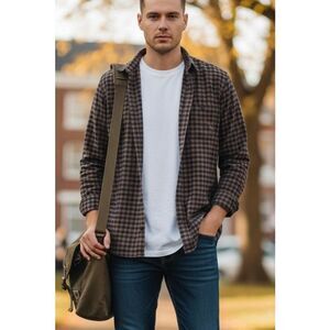 FatFace Gingham Check Button Front Shirt Mens Large Brown Blue Cotton